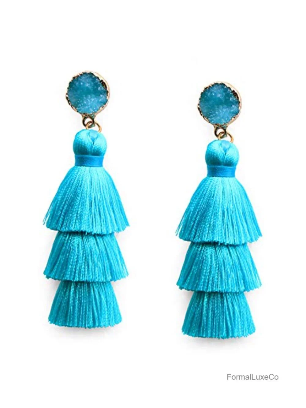 Layered Tassel Drop Earrings with Druzy Studs - Bohemian Dangle